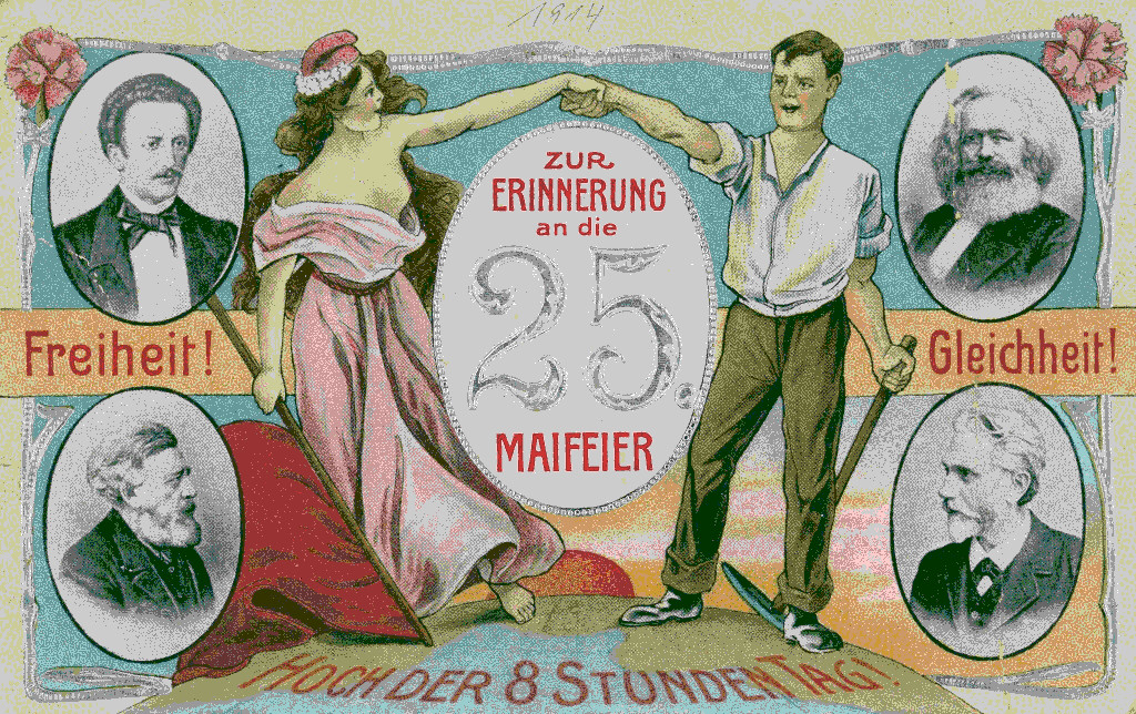 Postkarte zum 1. Mai 1914 zur 25. Maifeier unter dem Motto „Freiheit! Gleichheit! Hoch der 8 Stunden Tag!“ mit den Porträts von Ferdinand Lassalle, Karl Marx, Wilhelm Liebknecht und August Bebel von links oben nach rechts unten. Quelle: [AdsD](https://www.gewerkschaftsgeschichte.de/traditionen-und-symbole-57505-der-1-mai-als-kampf-und-feiertag-58168.htm).