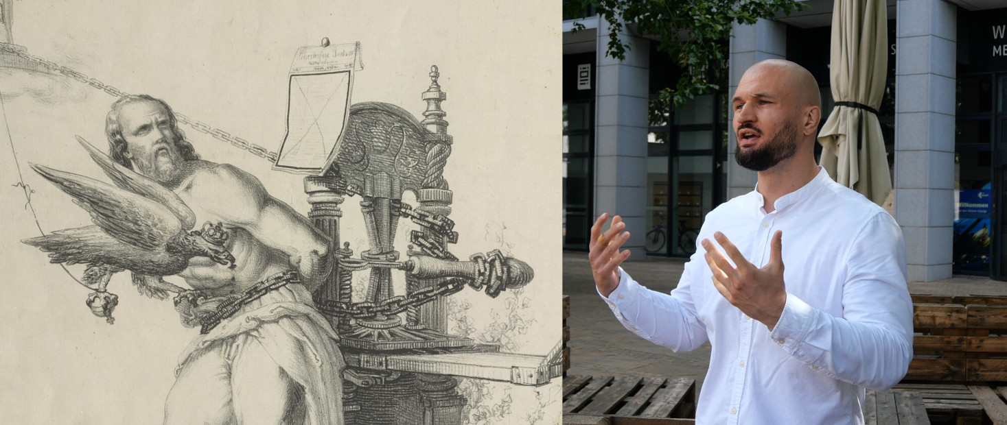 Niklas Venema zur journalistischen Tätigkeit der Gründungspersonen des Sozialismus, und zur Karikatur von Marx als gefesselter Prometheus (1843).Foto: Team WissensSpuren. Karikatur von [Lorenz Clasen](https://commons.wikimedia.org/wiki/File:Der_gefesselte_Prometheus_(1843)_V01-1.2A_raw.jpg), Public domain, via Wikimedia Commons.