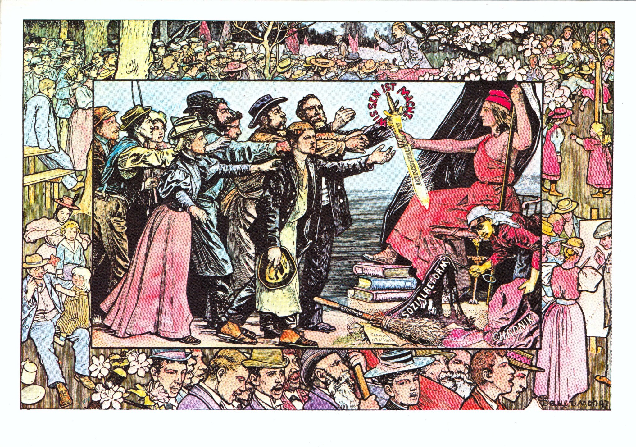 Postkarte zum 1. Mai 1897 mit der Aufschrift „Wissen ist Macht“. Quelle: [AdsD](https://www.gewerkschaftsgeschichte.de/traditionen-und-symbole-57505-der-1-mai-als-kampf-und-feiertag-58168.htm).