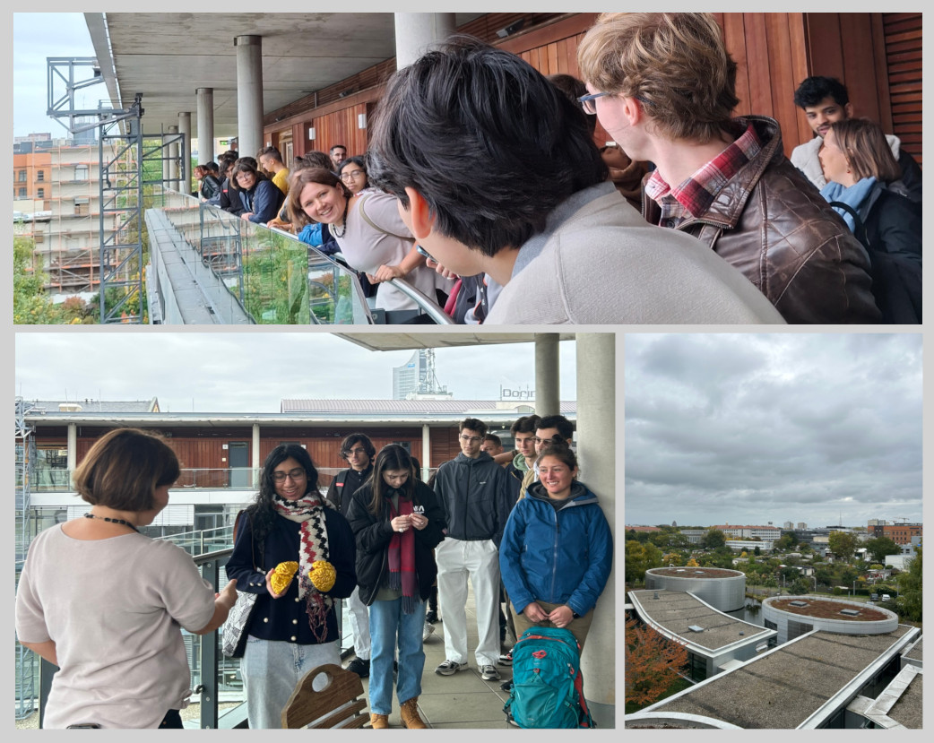 Besuch im MPI für Kognitions- und Neurowissenschaften. (Oben) Teilnehmende auf der Dachterrasse. (Unten rechts) Blick auf die Experimentierhallen und über die Stadt. (Unten links) Diskussion mit Evgeniya Kirilina, der Leiterin der AG MRI Biophysik. Fotos: Team WissensSpuren.