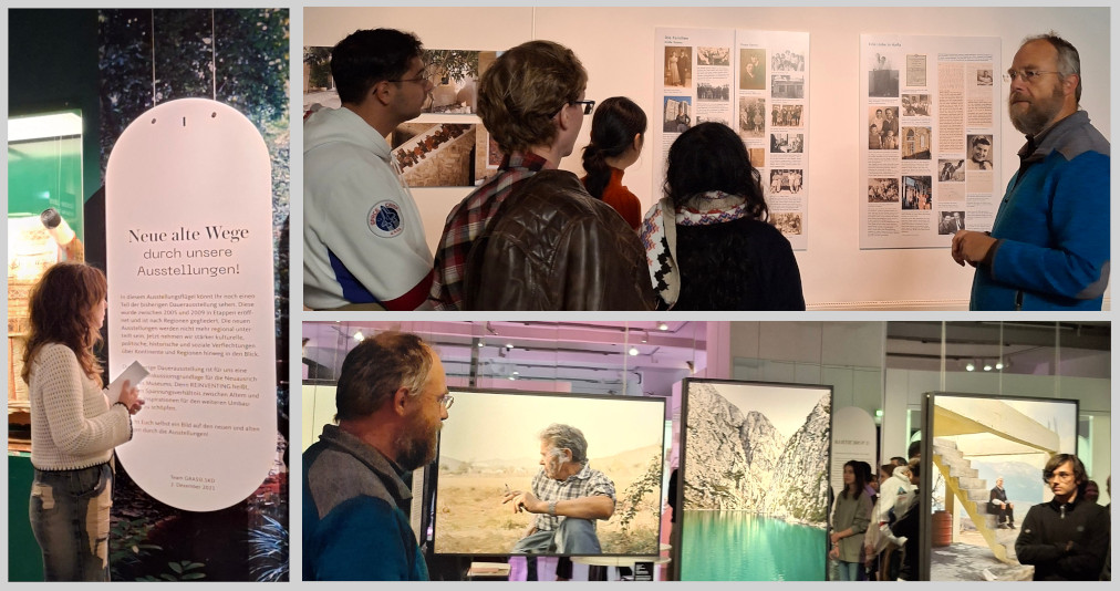 (Left) Look into the old permanent exhibition of the Grassi Museum for Ethnology. (Top right) Exhibition about Emile and Haya Touma in the Rapid Response Room. (Bottom right) Section *(In)visible* of the *REINVENTING GRASSI.SDK* showrooms. Photos: Team WissensSpuren.