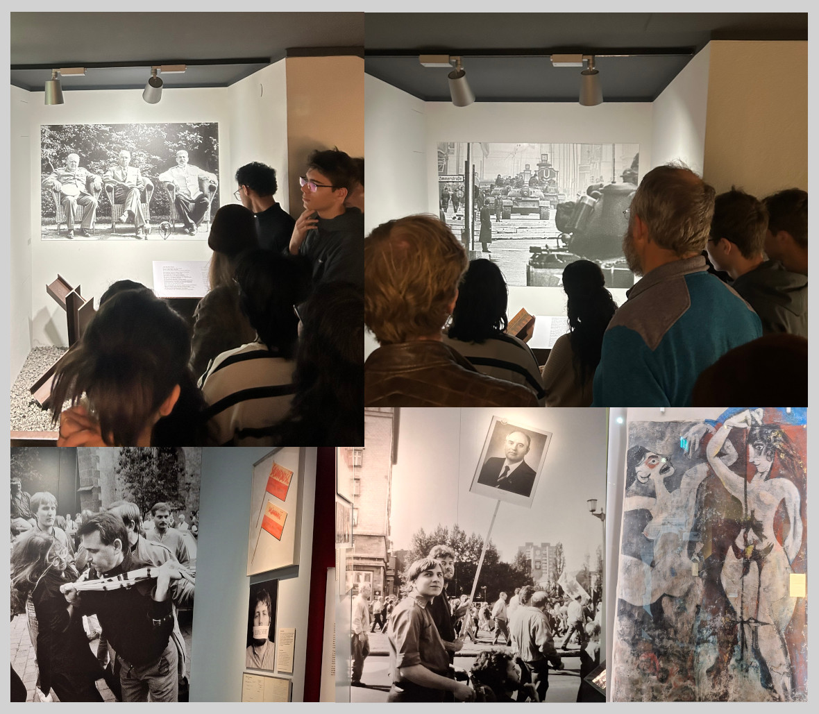 Besuch des Zeitgeschichtlichen Forums. (Oben links) Die Großen Drei auf der Potsdamer Konferenz. (Oben rechts) Panzer am Checkpoint Charlie. (Unten rechts) Underground-Kunst. (Unten Mitte) Sympathiebekundungen für Gorbachev auf der Maidemonstration 1989. (Unten links) Niederschlagen von Demonstrationen in Polen in den 1980er Jahren. Fotos: Team WissensSpuren.