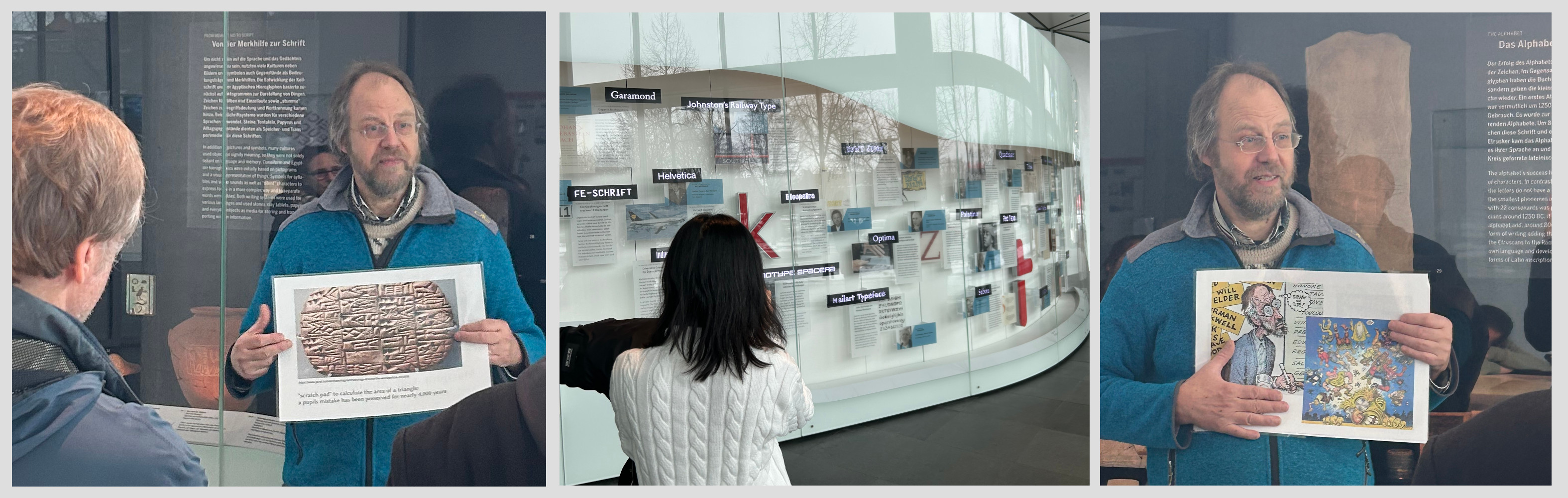 Formen der Kommunikation und der Bewahrung schriftlicher Kulturgütern in den Sammlungen der [DNB](sites/collection/museum/book-writing/): Von der Keilschrift (links) über die Entwicklung moderner Schriftarten (Mitte) zum Cartoon (rechts). Fotos: Team WissensSpuren.