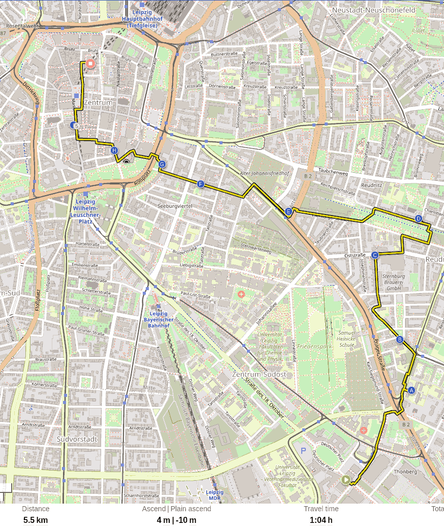 Itinerary of our Tour. Generated with [bikerouter.de](https://bikerouter.de/#map=15/51.3324/12.4007/standard&lonlats=12.397352,51.320364;12.402867,51.325079;12.401901,51.327769;12.399788,51.33222;12.403479,51.334157;12.392471,51.334518;12.385055,51.335976;12.381796,51.337007;12.377762,51.337734;12.374339,51.339092;12.37575,51.342341&profile=hiking-beta).