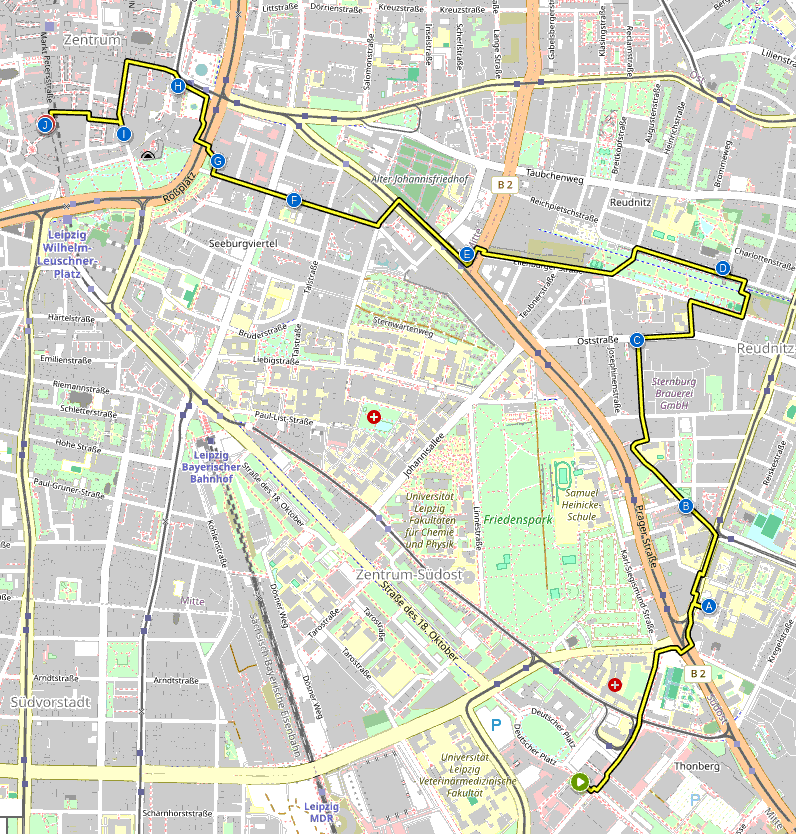 Itinerary of our Tour. Generated with [bikerouter.de](https://bikerouter.de/#map=16/51.3283/12.4027/standard&lonlats=12.397352,51.320364;12.402867,51.325079;12.40202,51.327903;12.399788,51.33222;12.403479,51.334157;12.392471,51.334518;12.385055,51.335976;12.381796,51.337007;12.380079,51.339044;12.377762,51.337734;12.374393,51.337972;12.374425,51.337999&profile=hiking-beta).