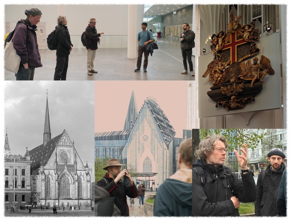 Photos taken in the Neues Augusteum, University Church St. Paul (top row, 🇦) and on the Augustusplatz (bottom center and right, 🇧), and a [photo of the Paulinerkirche taken in 1948. Historic Photo: [Deutsche Fotothek](https://www.deutschefotothek.de/documents/obj/88880483)‎, [CC BY-SA 3.0 DE](https://creativecommons.org/licenses/by-sa/3.0/de/deed.en), via [Wikimedia Commons](https://commons.wikimedia.org/wiki/File:Fotothek_df_roe-neg_0000284_002_Augustusplatz_mit_Paulinerkirche.jpg). Other Photos: Team WissensSpuren.
