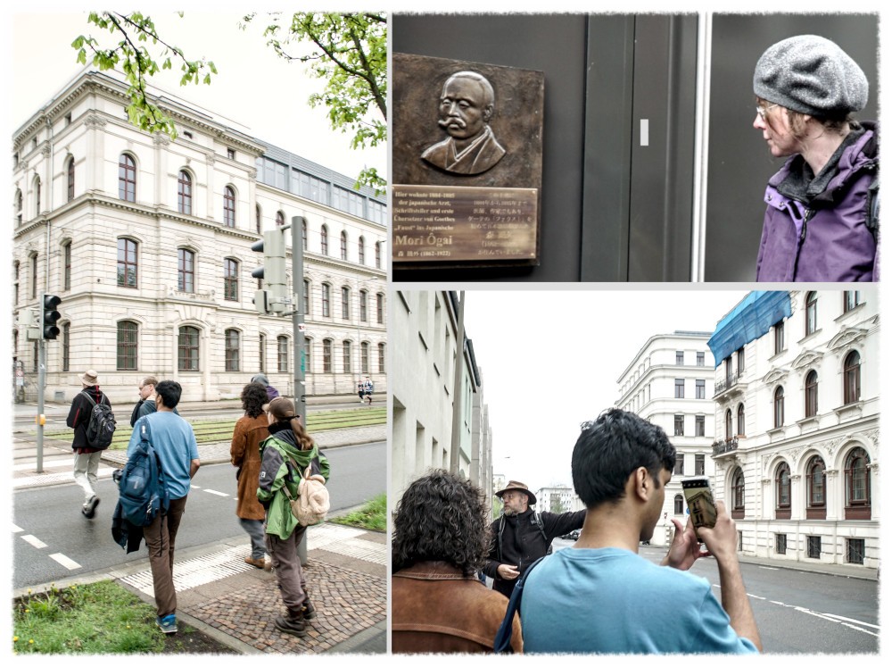 Crossing the Prager Straße and taking note of the commemorative plaque in honor of Mori Ōgai 🇮 and the C.F. building of the Peters music publishing house, which is presently home of the [Grieg meeting place](https://www.edvard-grieg.de/edvard-grieg) 🇯. Photos: Team WissensSpuren.