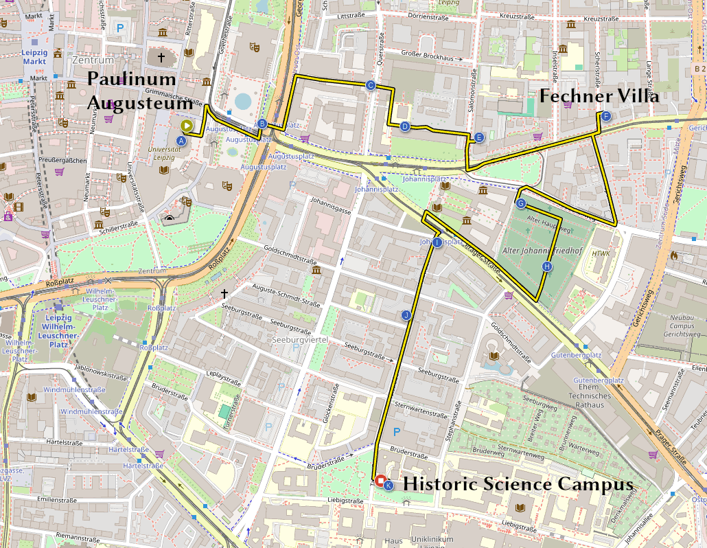 Die Route unseres Spaziergangs. Erstellt mit  [bikerouter.de](https://bikerouter.de/#map=16/51.3361/12.3889/standard|bikerouter.de).