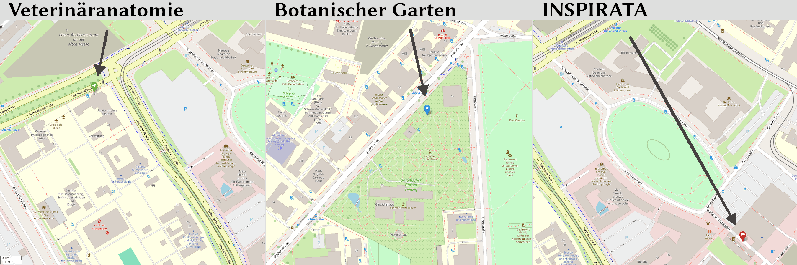Karte mit Startpunkten an den drei Orten.