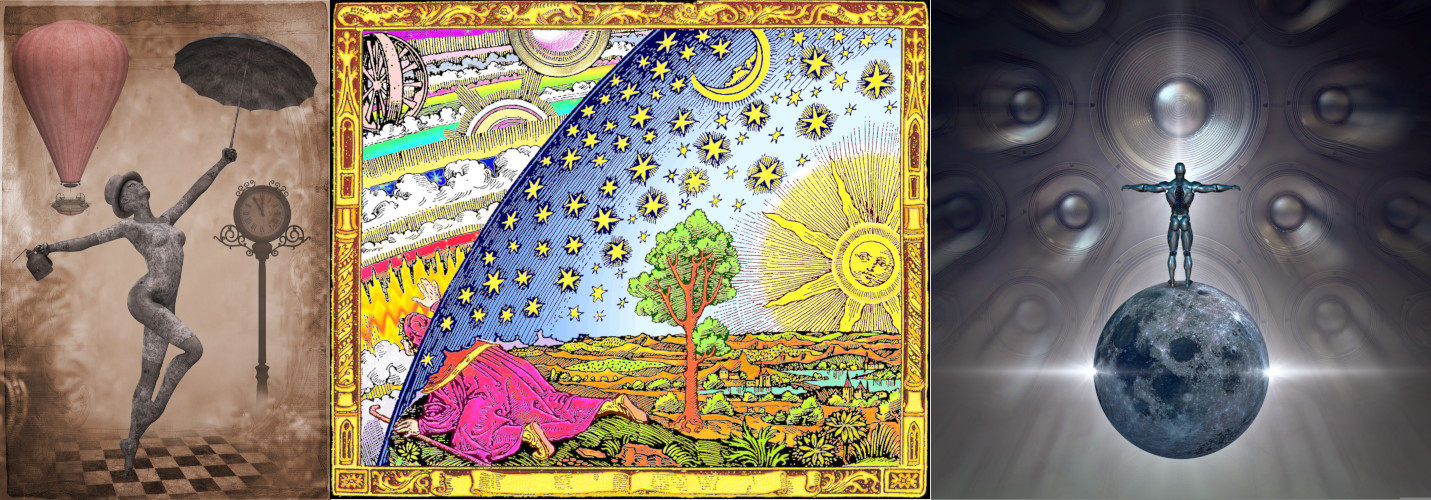 Der Blick des  „Wanderers am Weltenrand“ in einem Holzstich aus Ill Camille Flammarion's [L'atmosphère: météorologie populaire](https://gallica.bnf.fr/ark:/12148/bpt6k408619m.image.f168) aus dem Jahr 1888 (Mitte) und zwei KI-generierten zeitgenössischen Bildern von [susannp4](https://pixabay.com/illustrations/steampunk-woman-fantasy-female-5113582/) und [KELLEPICS](https://pixabay.com/photos/cd-cover-fantasy-science-fiction-3675332/), via [Pixabay](https://pixabay.com/service/license-summary/).