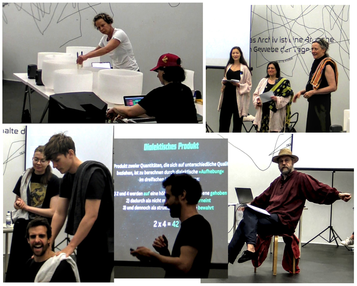 Contributions to the stage program. Clockwise from the top left: Music by [Pina Bettina Rücker](https://www.instagram.com/pina_ruecker/) and [Cornelia Friederike Müller](https://www.instagram.com/c_f_m___/). Welcoming address by Stephanie Jacobs. **Rumors** from Douglas Adams Universe by Jürgen Vollmer. 2x4=42 by Philippe Issler. **Improv Theater Group** Philippe & Friends. Photos: Team WissensSpuren.