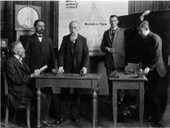 Wilhelm Wundt (Mitte) als Teilnehmer eines Experiments (ca. 1908).